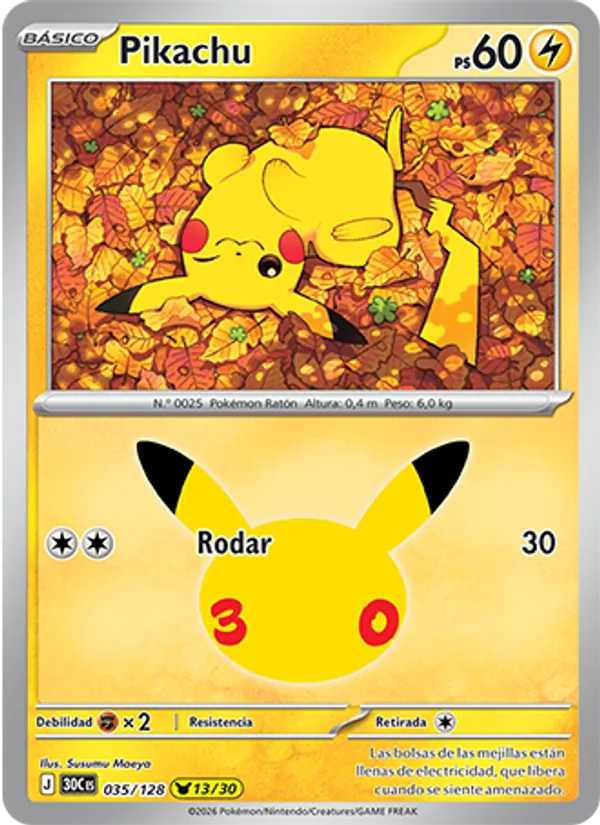 Carta Pikachu de la expansión Celebración 30.º Aniversario, número 035/128