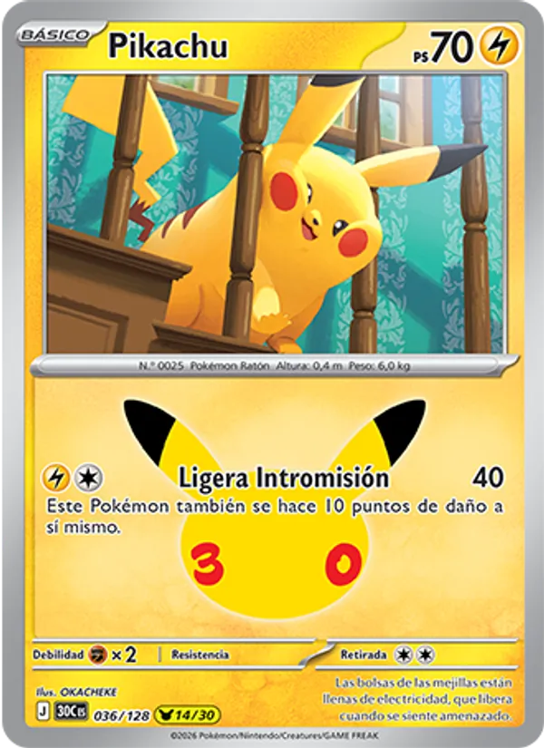Carta Pikachu de la expansión Celebración 30.º Aniversario, número 036/128