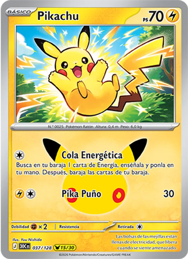 Carta Pikachu de la expansión Celebración 30.º Aniversario, número 037/128