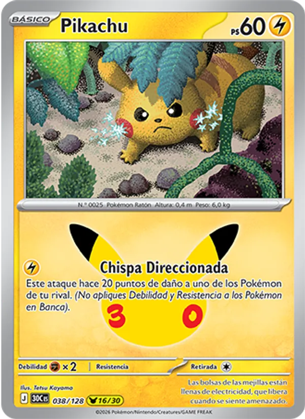 Carta Pikachu de la expansión Celebración 30.º Aniversario, número 038/128