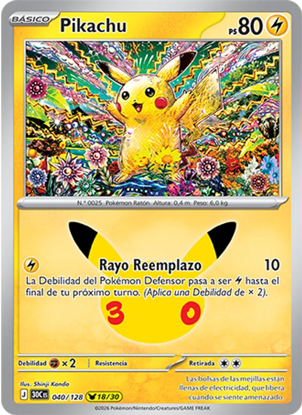 Carta Pikachu de la expansión Celebración 30.º Aniversario, número 040/128