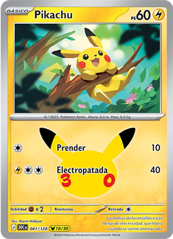 Carta Pikachu de la expansión Celebración 30.º Aniversario, número 041/128