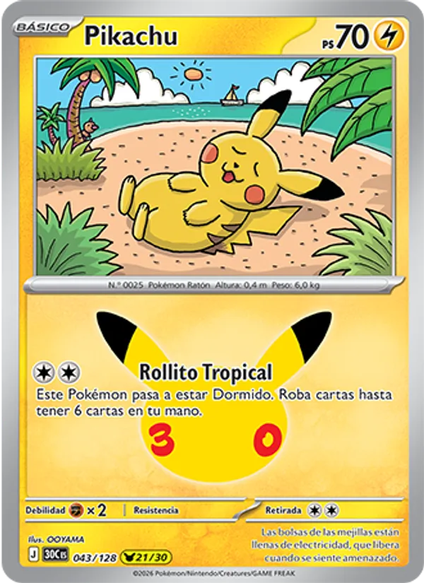 Carta Pikachu de la expansión Celebración 30.º Aniversario, número 043/128