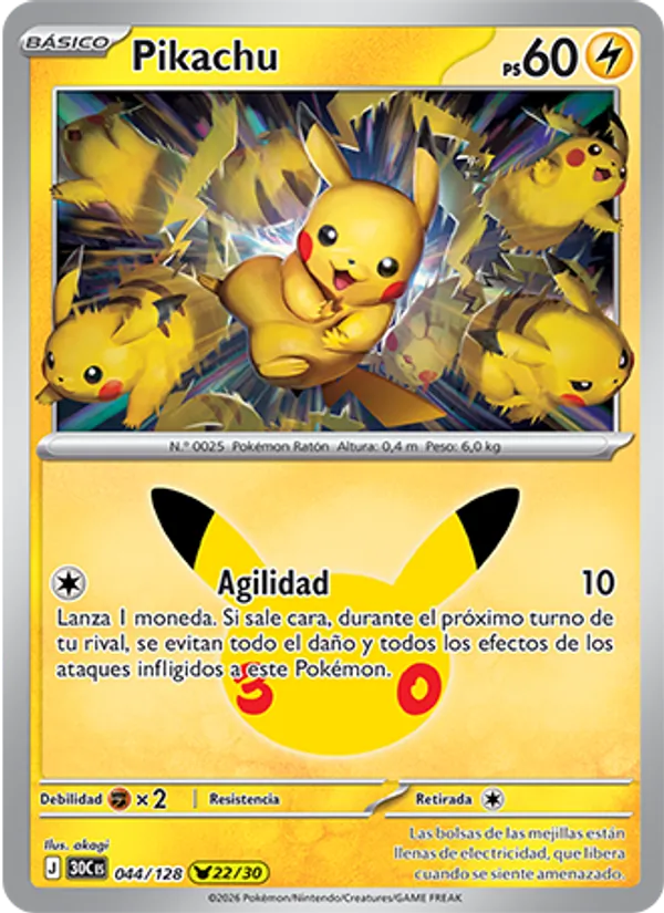 Carta Pikachu de la expansión Celebración 30.º Aniversario, número 044/128