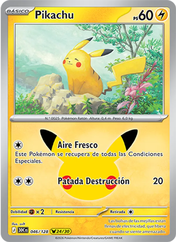 Carta Pikachu de la expansión Celebración 30.º Aniversario, número 046/128