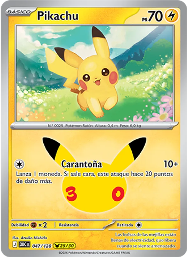 Carta Pikachu de la expansión Celebración 30.º Aniversario, número 047/128
