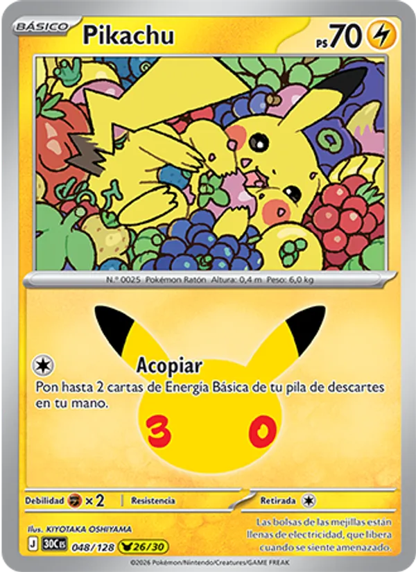 Carta Pikachu de la expansión Celebración 30.º Aniversario, número 048/128