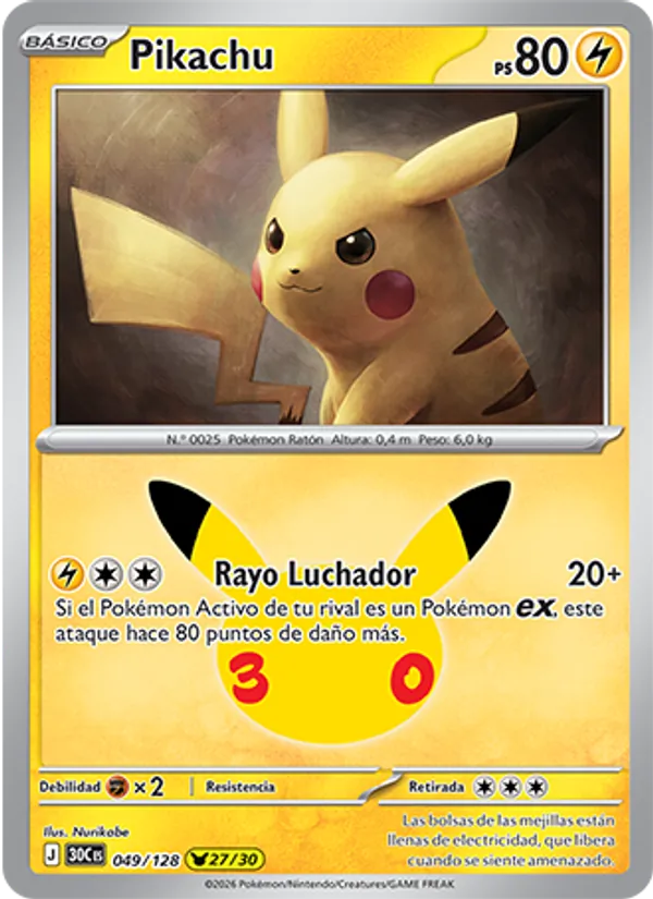 Carta Pikachu de la expansión Celebración 30.º Aniversario, número 049/128