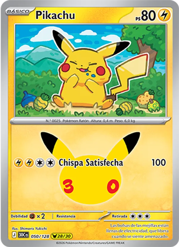 Carta Pikachu de la expansión Celebración 30.º Aniversario, número 050/128