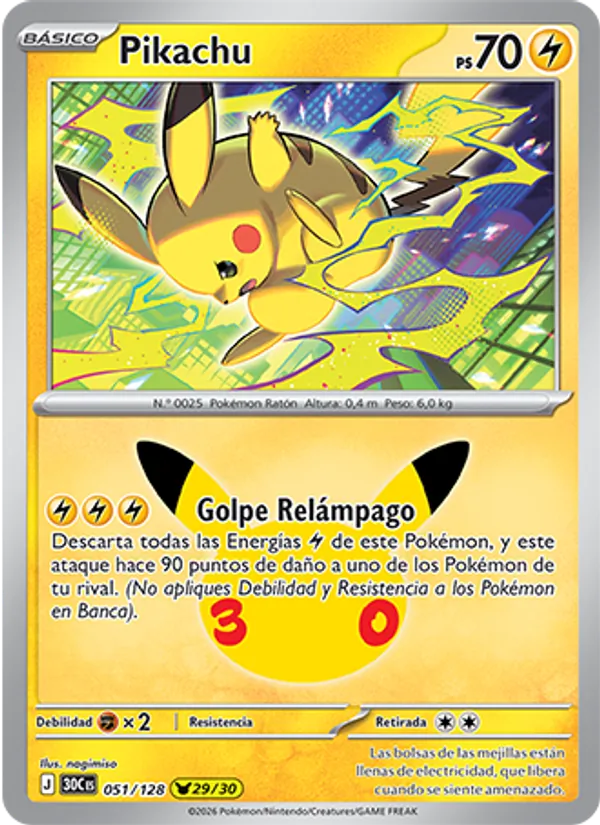 Carta Pikachu de la expansión Celebración 30.º Aniversario, número 051/128