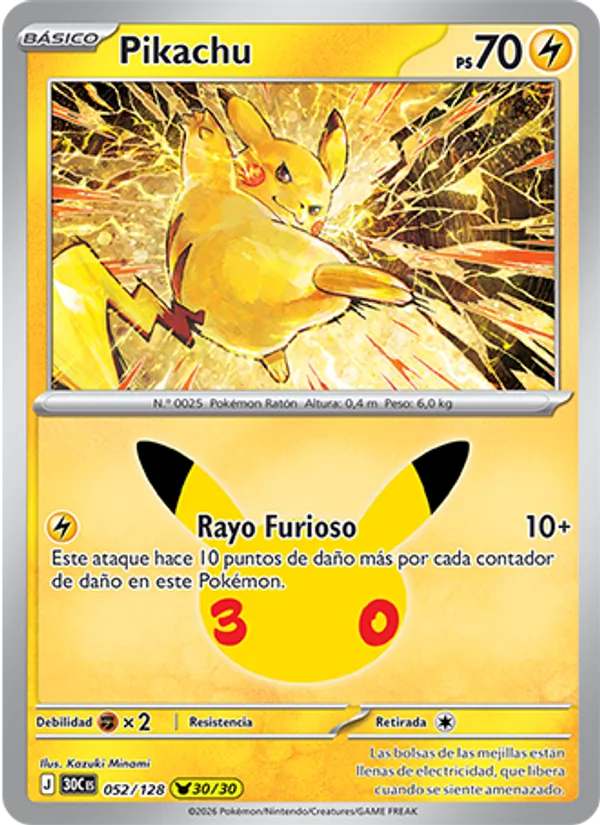 Carta Pikachu de la expansión Celebración 30.º Aniversario, número 052/128