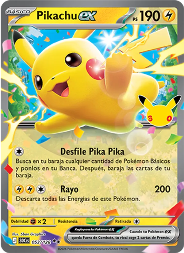Carta Pikachu ex de la expansión Celebración 30.º Aniversario, número 053/128