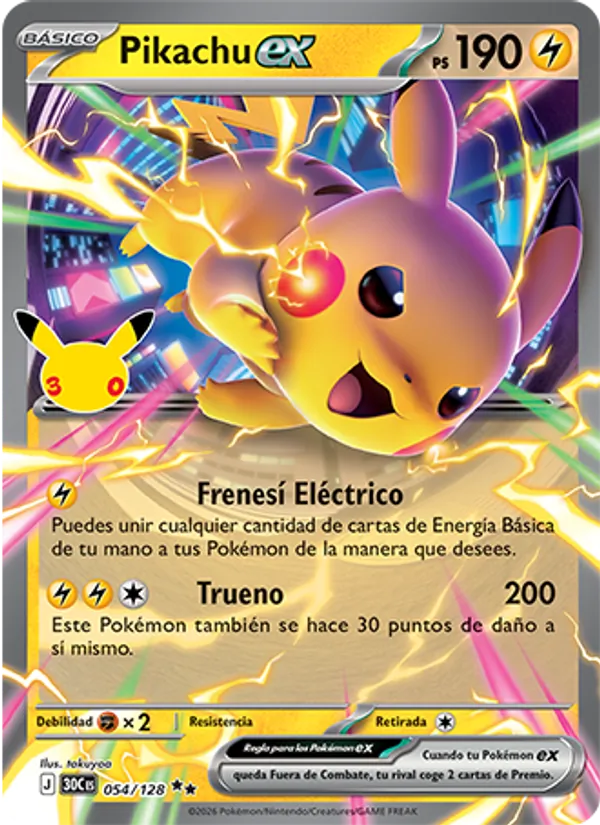 Carta Pikachu ex de la expansión Celebración 30.º Aniversario, número 054/128