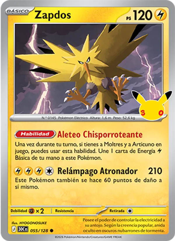 Carta Zapdos de la expansión Celebración 30.º Aniversario, número 055/128