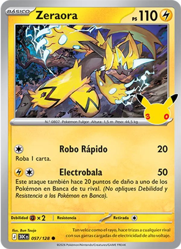 Carta Zeraora de la expansión Celebración 30.º Aniversario, número 057/128