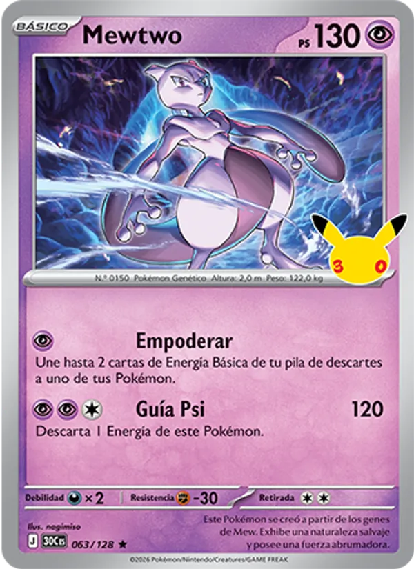 Carta Mewtwo de la expansión Celebración 30.º Aniversario, número 063/128