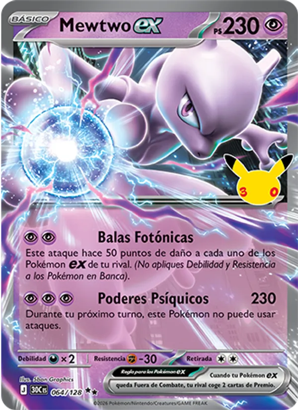 Carta Mewtwo ex de la expansión Celebración 30.º Aniversario, número 064/128