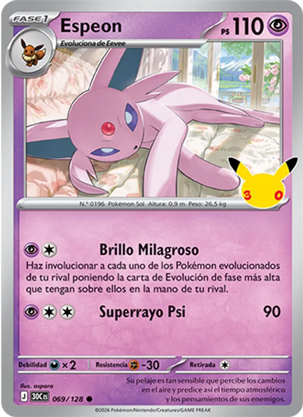 Carta Espeon de la expansión Celebración 30.º Aniversario, número 069/128