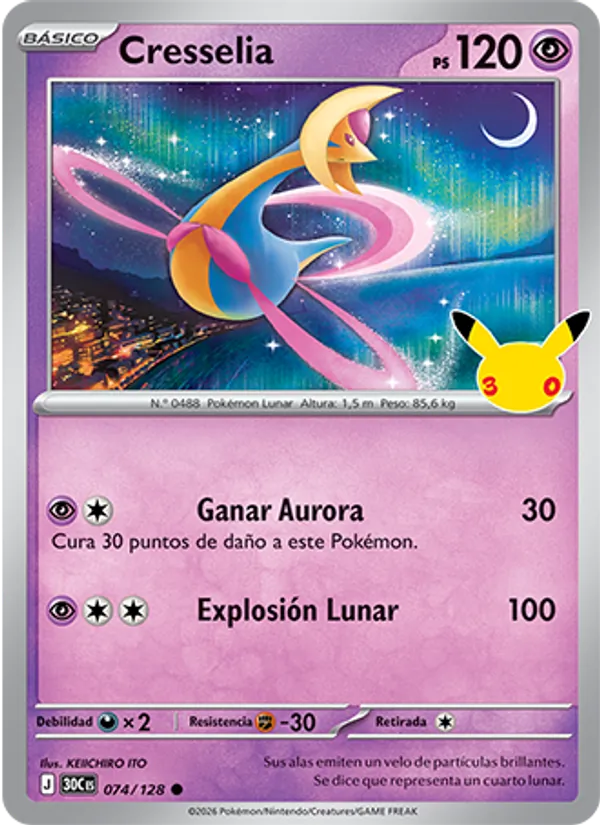 Carta Cresselia de la expansión Celebración 30.º Aniversario, número 074/128