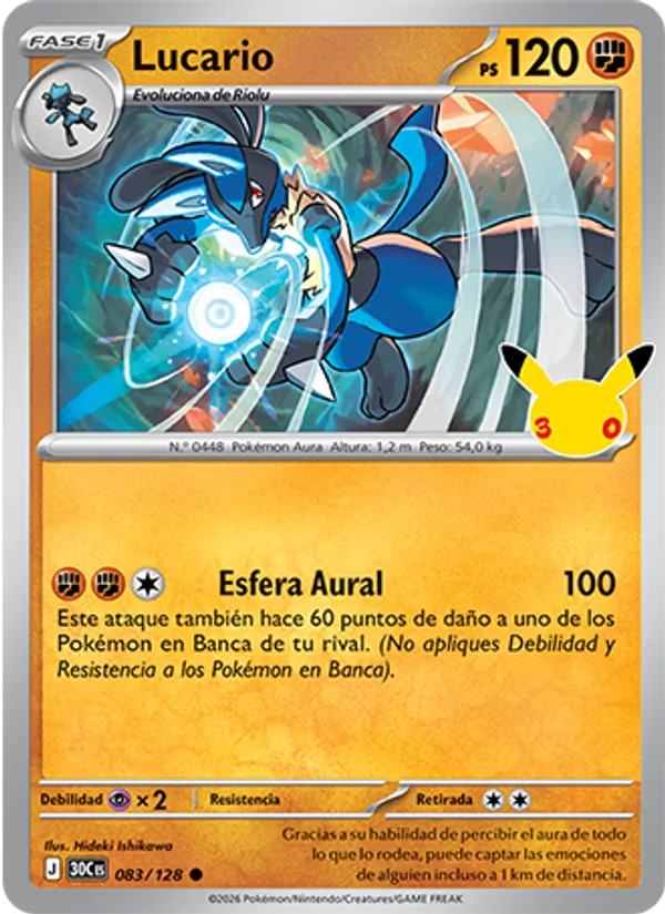 Carta Lucario de la expansión Celebración 30.º Aniversario, número 083/128