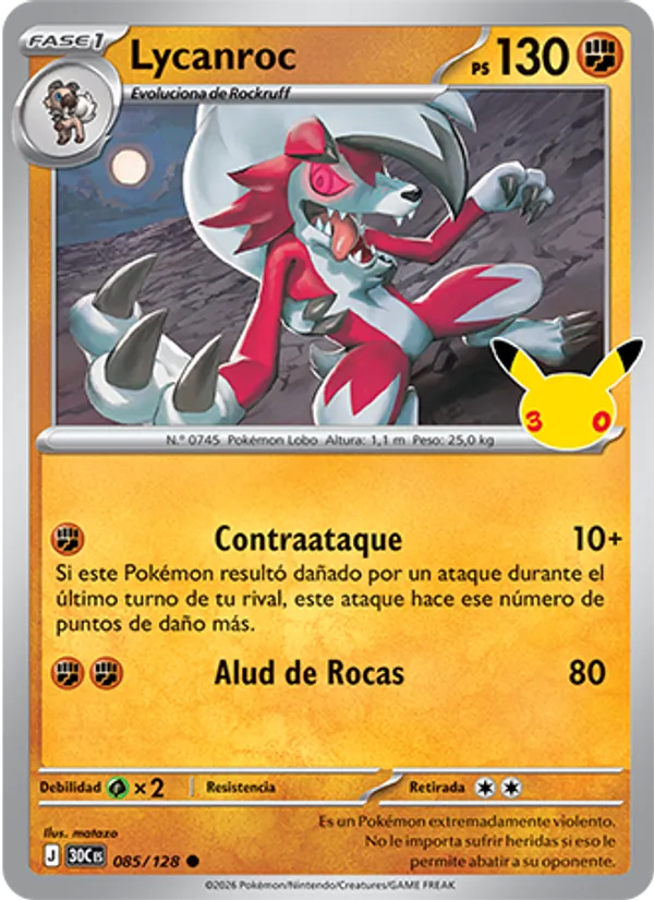 Carta Lycanroc de la expansión Celebración 30.º Aniversario, número 085/128
