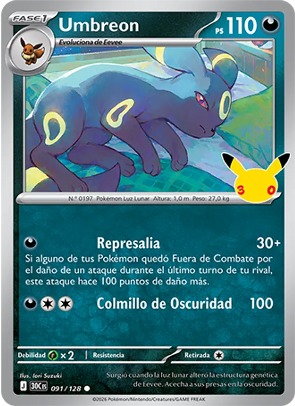 Carta Umbreon de la expansión Celebración 30.º Aniversario, número 091/128