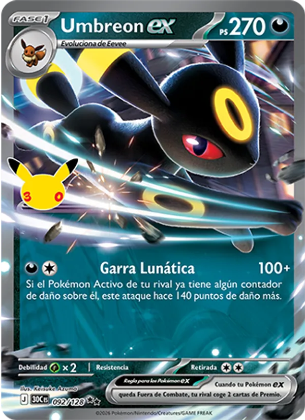 Carta Umbreon ex de la expansión Celebración 30.º Aniversario, número 092/128