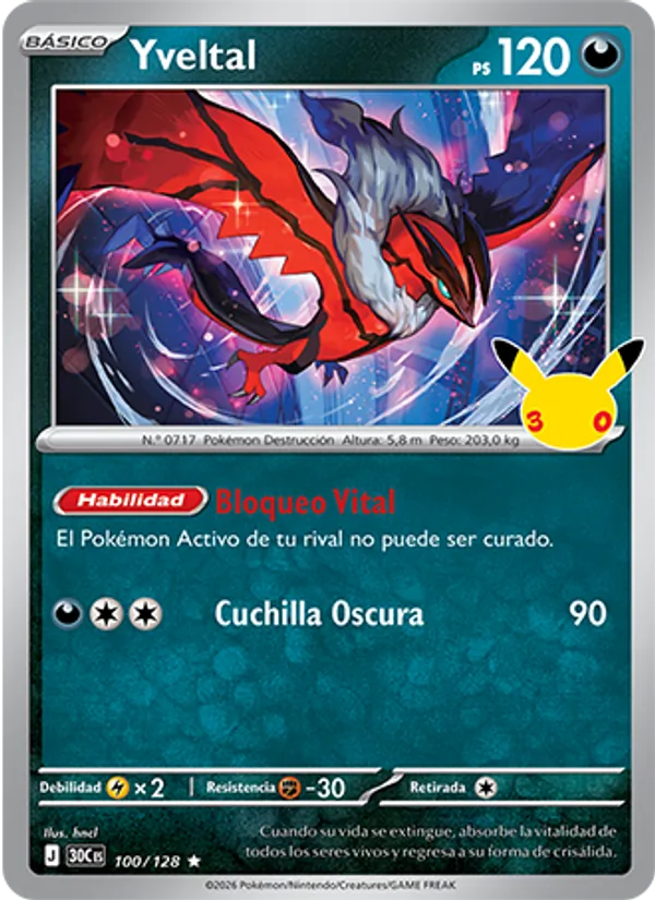 Carta Yveltal de la expansión Celebración 30.º Aniversario, número 100/128