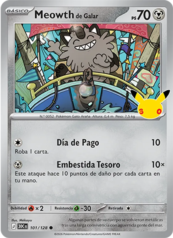 Carta Meowth de Galar de la expansión Celebración 30.º Aniversario, número 101/128