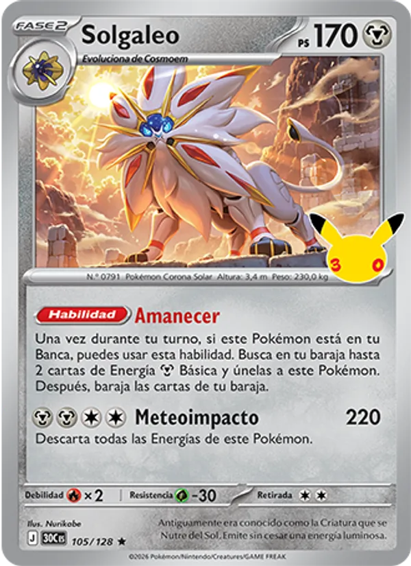 Carta Solgaleo de la expansión Celebración 30.º Aniversario, número 105/128