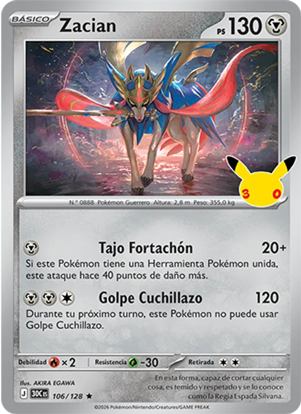 Carta Zacian de la expansión Celebración 30.º Aniversario, número 106/128