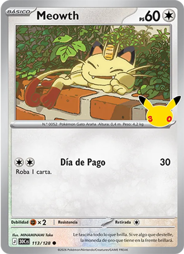 Carta Meowth de la expansión Celebración 30.º Aniversario, número 113/128
