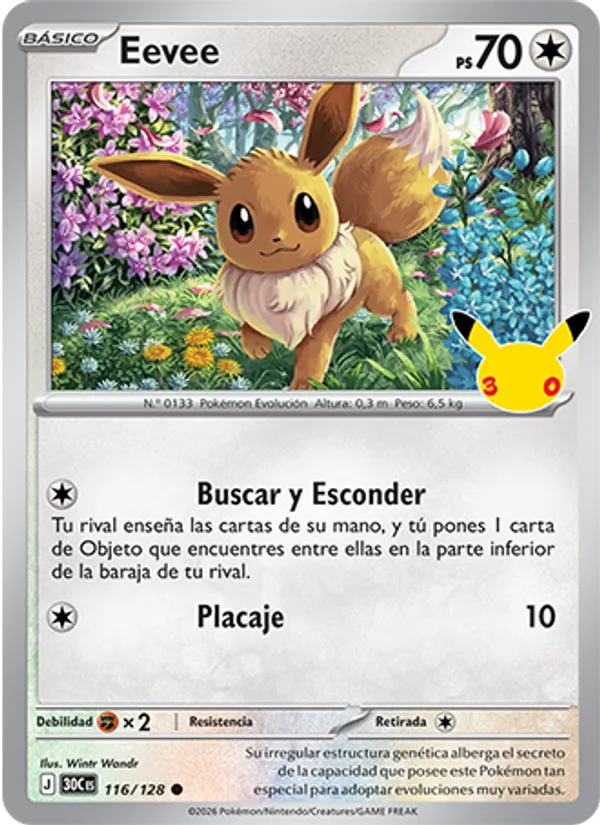 Carta Eevee de la expansión Celebración 30.º Aniversario, número 116/128