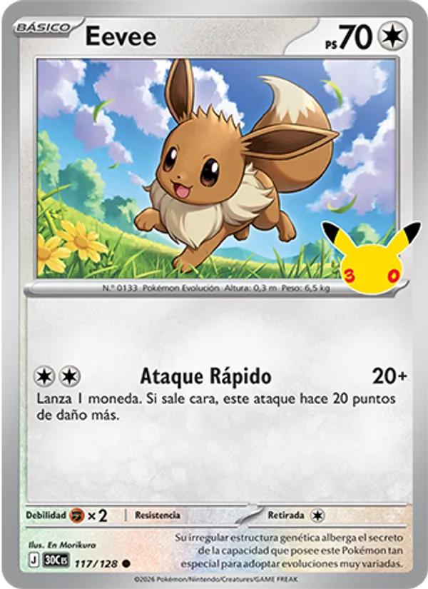 Carta Eevee de la expansión Celebración 30.º Aniversario, número 117/128