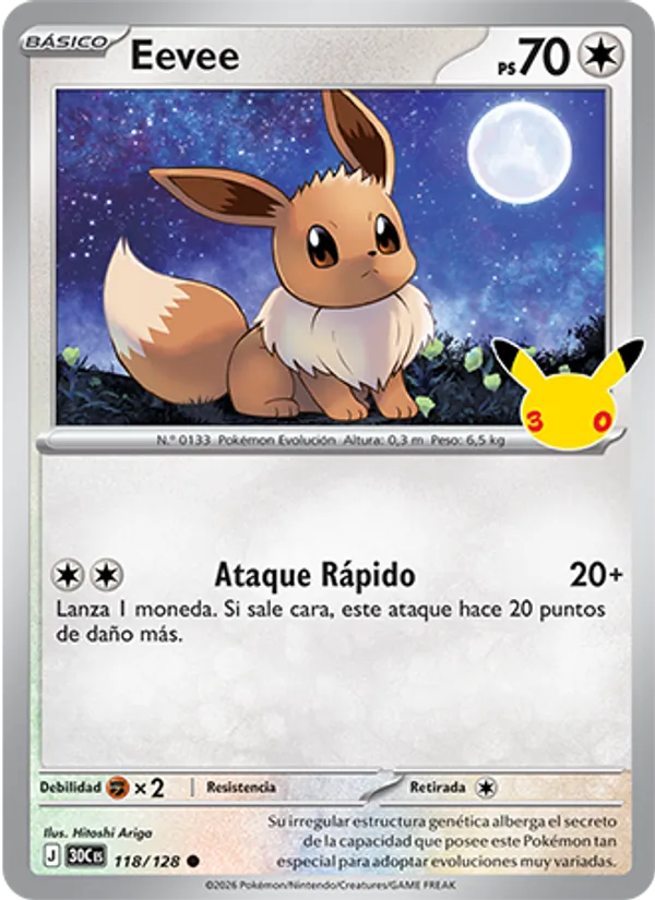 Carta Eevee de la expansión Celebración 30.º Aniversario, número 118/128