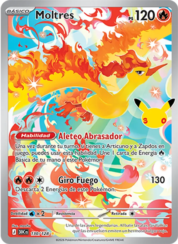 Carta Moltres de la expansión Celebración 30.º Aniversario, número 130/128