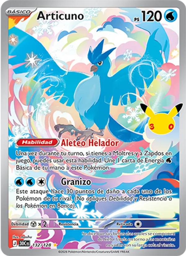 Carta Articuno de la expansión Celebración 30.º Aniversario, número 132/128