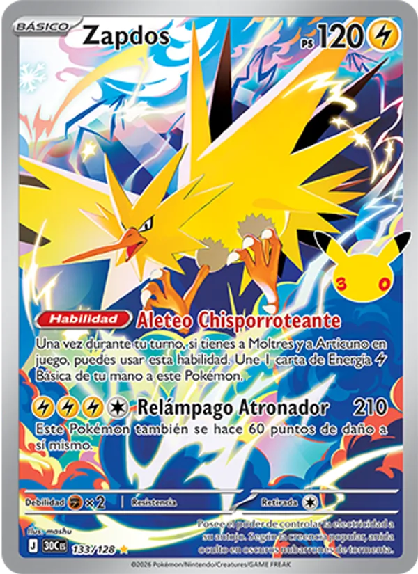Carta Zapdos de la expansión Celebración 30.º Aniversario, número 133/128