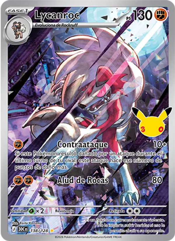 Carta Lycanroc de la expansión Celebración 30.º Aniversario, número 138/128