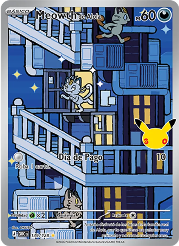 Carta Meowth de Alola de la expansión Celebración 30.º Aniversario, número 139/128