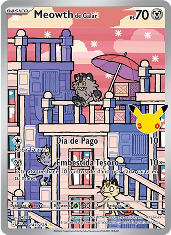 Carta Meowth de Galar de la expansión Celebración 30.º Aniversario, número 141/128