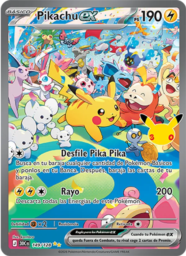 Carta Pikachu ex de la expansión Celebración 30.º Aniversario, número 149/128