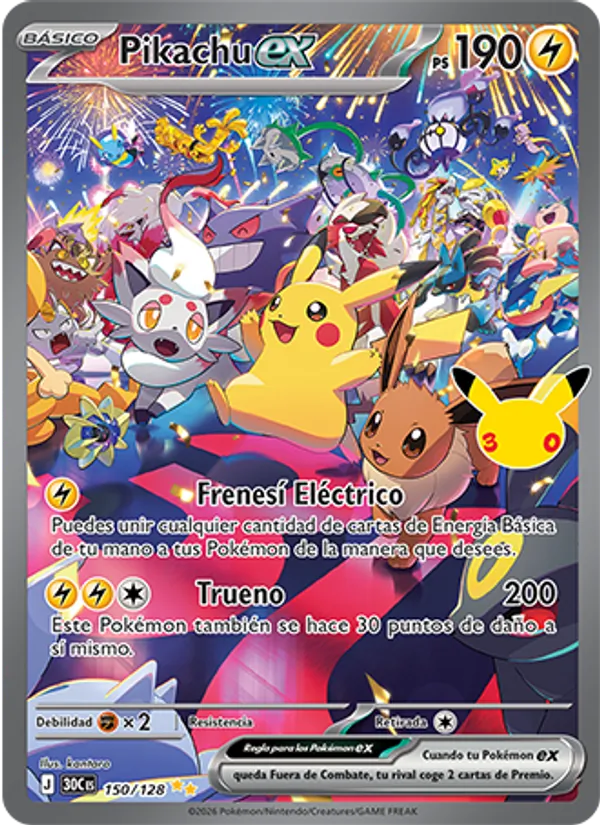 Carta Pikachu ex de la expansión Celebración 30.º Aniversario, número 150/128