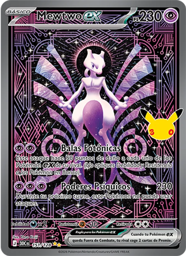 Carta Mewtwo ex de la expansión Celebración 30.º Aniversario, número 151/128
