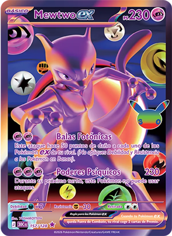Carta Mewtwo ex de la expansión Celebración 30.º Aniversario, número 157/128