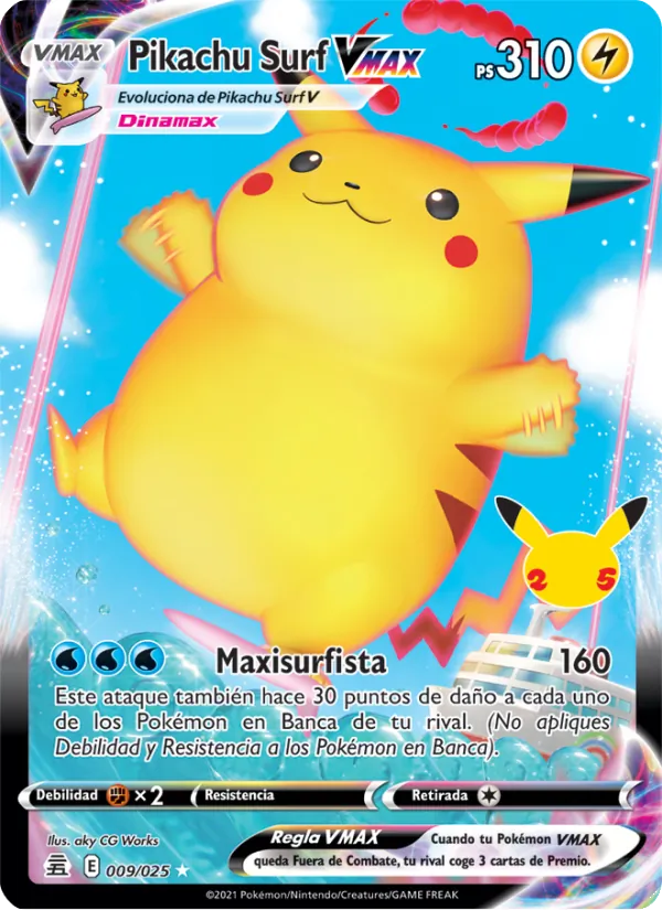 Carta Pikachu Surf VMAX de la expansión Celebraciones, número 9/25