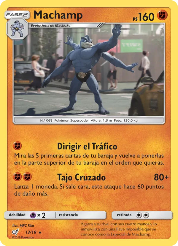Carta Machamp de la expansión Detective Pikachu, número 13/18