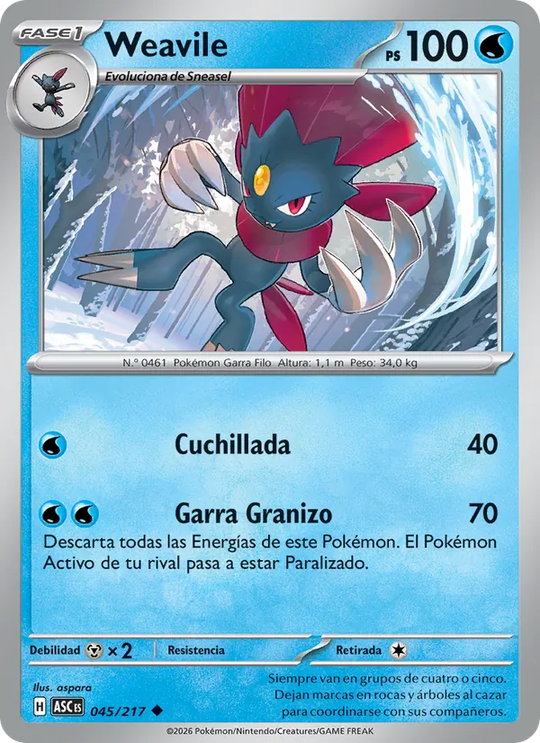 Carta Weavile de la expansión Héroes Ascendentes, número 045/217