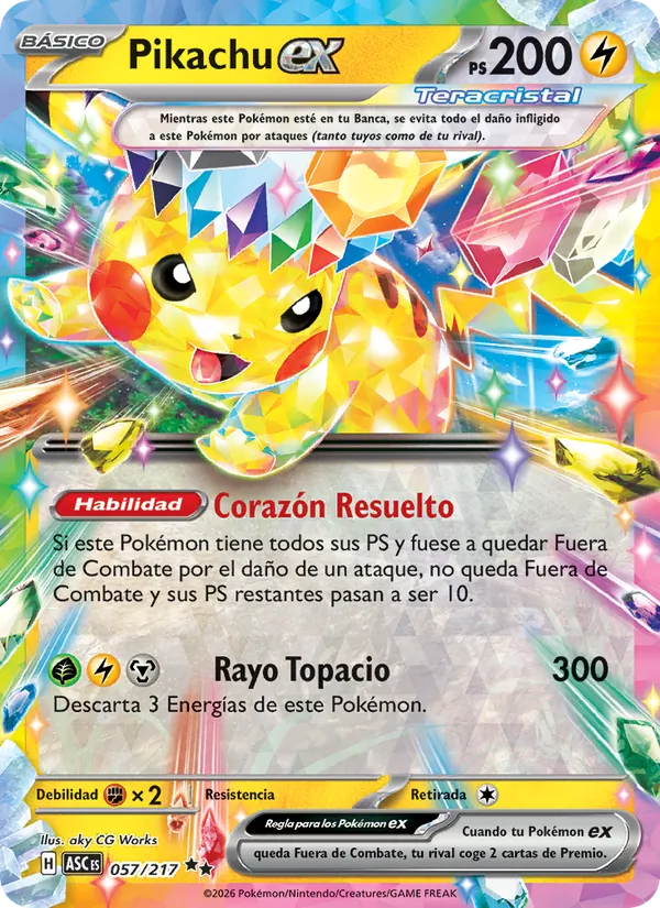 Carta Pikachu ex de la expansión Héroes Ascendentes, número 057/217