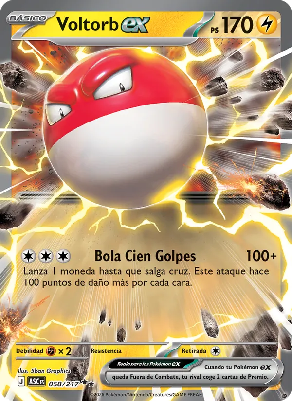 Carta Voltorb ex de la expansión Héroes Ascendentes, número 058/217